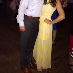 Floor length yellow/pink dress with pleated skirt